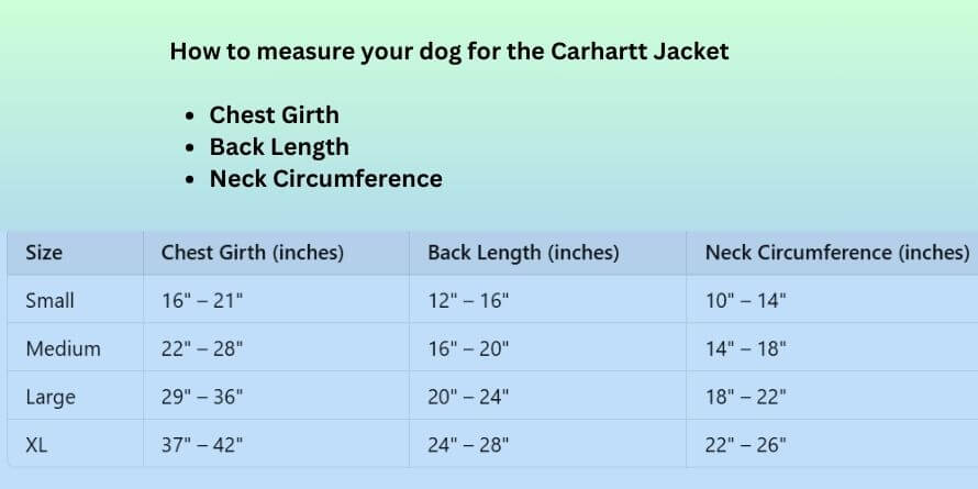 carhartt dog jacket size chart